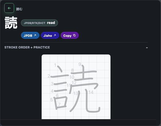 A よむ kanji drilldown panel showing JPDB and RTK facts with a rendered KanjiVG stroke diagram.