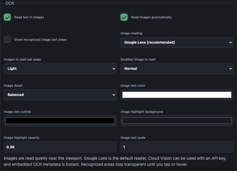 The よむ Images settings panel showing image OCR provider, detail, color, and overlay controls.
